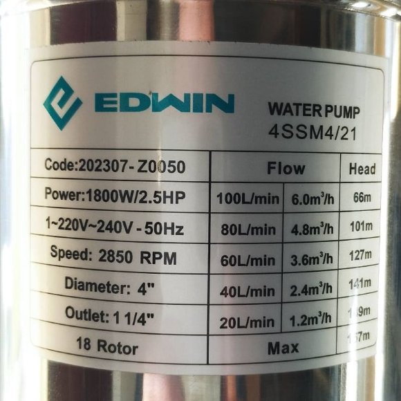 Свердловинний насос для зрошення 4SSM4/21, Outlet: 1 1/4 дюйма, 1,8kW, 220V