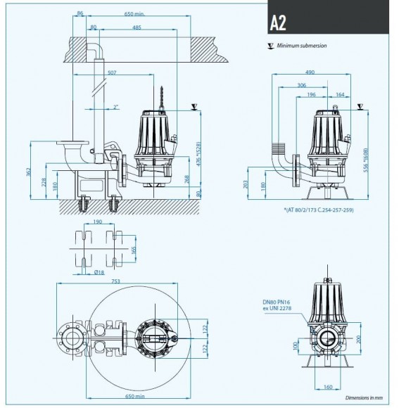 Bomba sumergible Dreno AT 80/2/152 C.246 con impulsor abierto monocanal Bomba sumergible Dreno AT 80/2/152 C.246 con impulsor abierto monocanal
