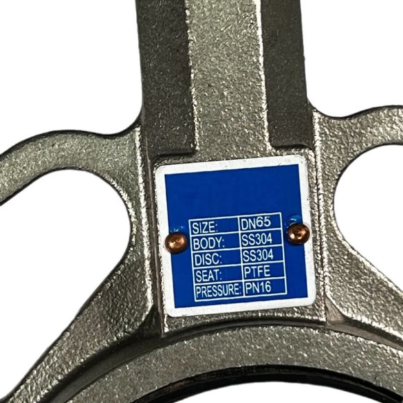 PN16 DN65 Засувка Батерфляй, корпус і диск з нержавіючої сталі AISI 304, Seat PTFE
