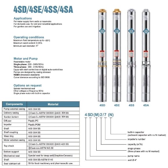Скважинный насос для орошения 4SS4/6, Outlet: 1 1/4 дюйма, 0,37kW, 380V