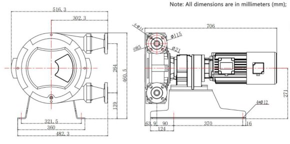 Industrial hose pump JXHIN-25-CI-F-NBR-P, 792 l/h, 1,1 kW, 16 bar, 380V Industrial hose pump JXHIN-25-CI-F-NBR-P, 792 l/h, 1,1 kW, 16 bar, 380V