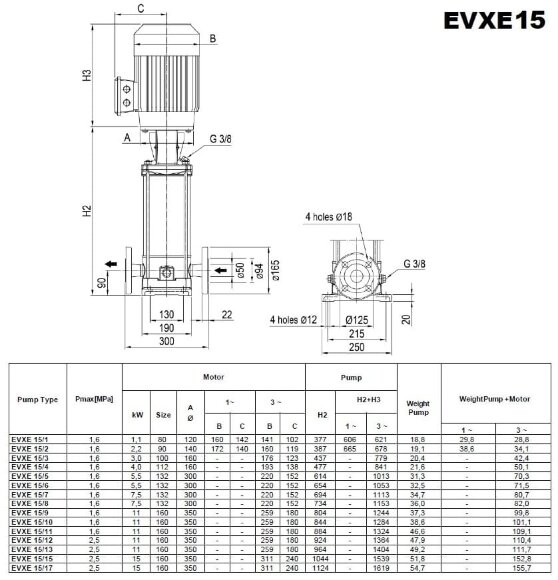 Многоступенчатый насос для систем отопления EVXE 15/3, 3 кВт, 24 м3/ч, 44,5м, 380V/T, AISI 304 (EBARA EVM) Многоступенчатый насос для систем отопления EVXE 15/3, 3 кВт, 24 м3/ч, 44,5м, 380V/T, AISI 304 (EBARA EVM)