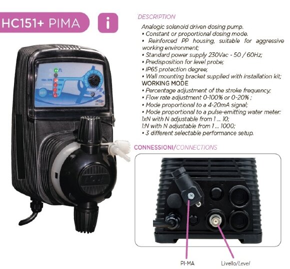 Электромагнитный насос-дозатор PDE HC151 PI-MA M60 240V PVC-PVDF-CE-VT (SA), 1-10 л/ч, 7-1 бар