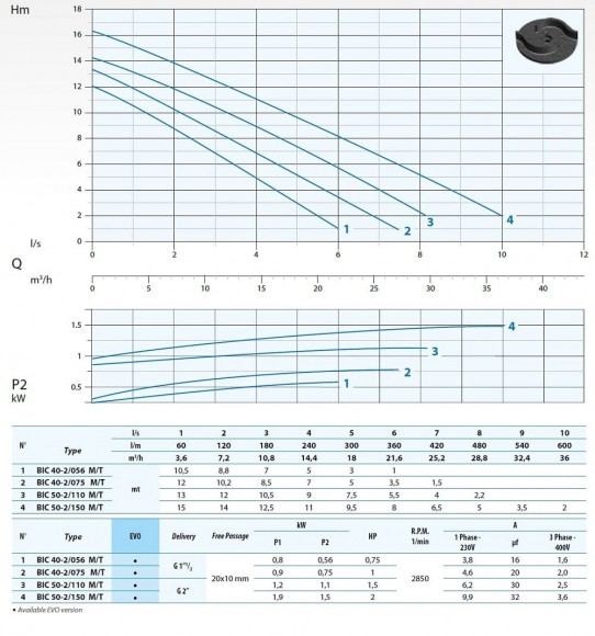 Bomba sumergible Dreno BIC 50-2/150 M con impulsor de dos canales Bomba sumergible Dreno BIC 50-2/150 M con impulsor de dos canales