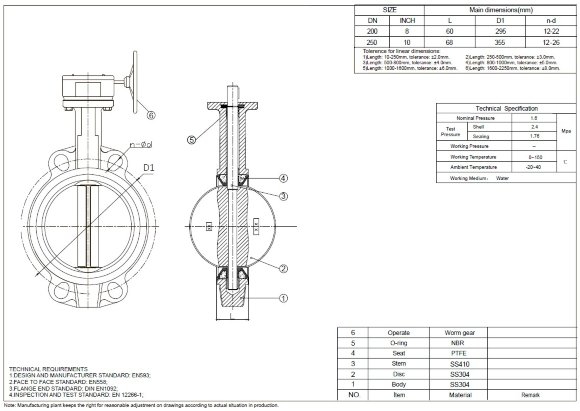 PN16 DN250 Válvula de mariposa, cuerpo y disco de acero inoxidable AISI 304, asiento PTFE PN16 DN250 Válvula de mariposa, cuerpo y disco de acero inoxidable AISI 304, asiento PTFE