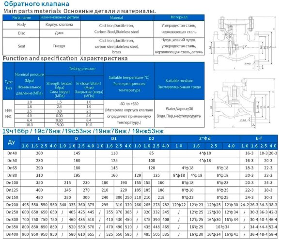 Зворотний фланцевий клапан з чавунним корпусом 19ч16бр DN150 PN16, ГОСТ