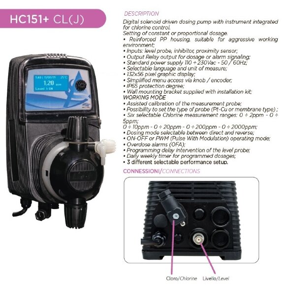 Bomba dosificadora de membrana electromagnética PDE HC151+ CL(J) M60 240V PVDF-CE-VT, 1-10 l/h, 7-1 bar Bomba dosificadora de membrana electromagnética PDE HC151+ CL(J) M60 240V PVDF-CE-VT, 1-10 l/h, 7-1 bar