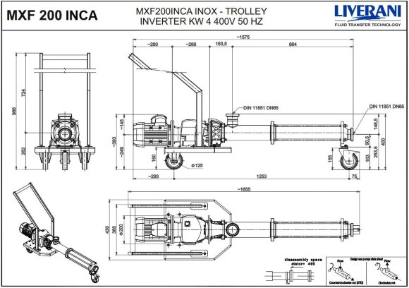 Bomba de tornillo LIVERANI MXF200INCA TF 4,0 kW 115-470 rpm 380 V AISI 316 con convertidor de frecuencia, control remoto (15 m), sobre carro Bomba de tornillo LIVERANI MXF200INCA TF 4,0 kW 115-470 rpm 380 V AISI 316 con convertidor de frecuencia, control remoto (15 m), sobre carro