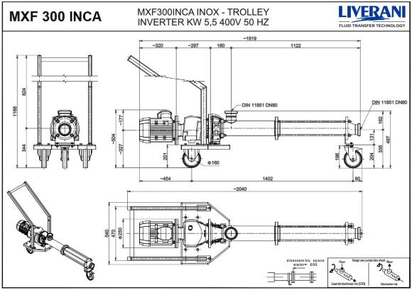 Bomba de tornillo LIVERANI MXF300INCA TF 5,5 kW 115-430 rpm 380 V AISI 304 con convertidor de frecuencia, control remoto (15 m), sobre carro Bomba de tornillo LIVERANI MXF300INCA TF 5,5 kW 115-430 rpm 380 V AISI 304 con convertidor de frecuencia, control remoto (15 m), sobre carro