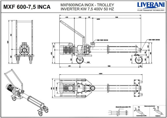 Pompe à vis en acier inoxydable LIVERANI MXF600INCA TF 7,5 kW 108-367rpm 380 V AISI 304 avec variateur de fréquence, télécommande (15 m), sur chariot Pompe à vis en acier inoxydable LIVERANI MXF600INCA TF 7,5 kW 108-367rpm 380 V AISI 304 avec variateur de fréquence, télécommande (15 m), sur chariot