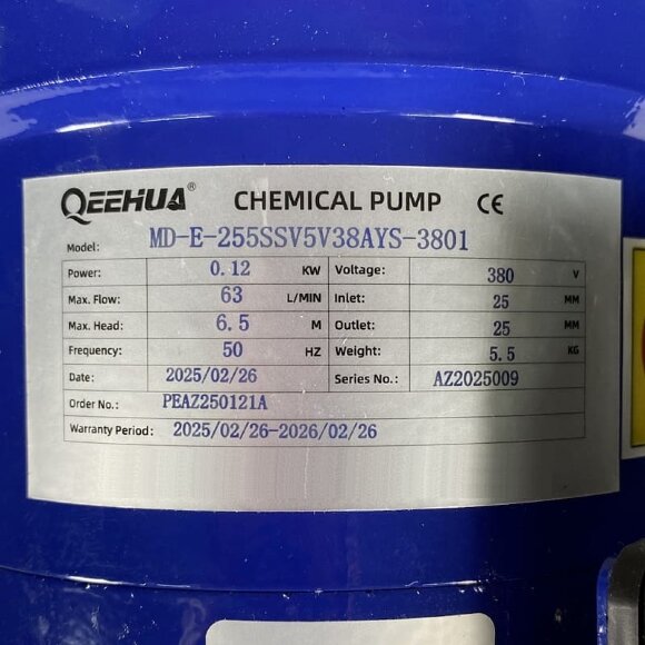 Bomba química MD-E-255-SSV-5V38AYS, CFRETFE, 53L/min, 6,2m, 380V Bomba química MD-E-255-SSV-5V38AYS, CFRETFE, 53L/min, 6,2m, 380V