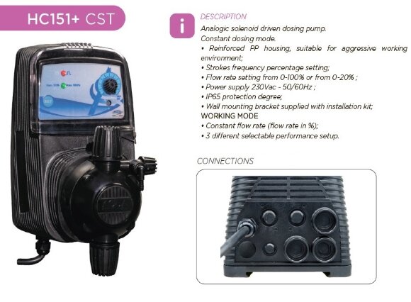 Bomba dosificadora para piscina PDE HC151+ CST M60 240V PP-GL-VT, 1-10 l/h, 7-1 bar Bomba dosificadora para piscina PDE HC151+ CST M60 240V PP-GL-VT, 1-10 l/h, 7-1 bar