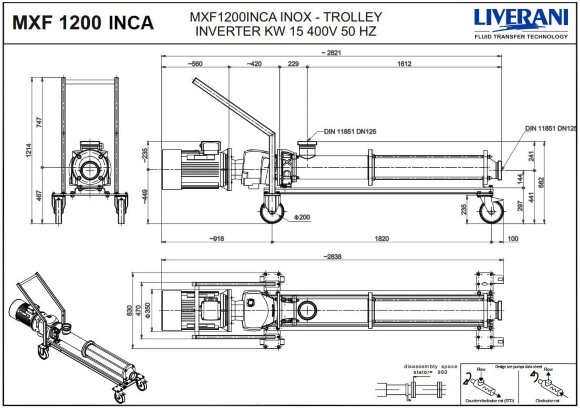 Bomba de tornillo de acero inoxidable LIVERANI MXF1200INCA TF 15kW 97-315rpm 380V AISI304 con convert. de frecuen., control remoto (15 m), sobre carro Bomba de tornillo de acero inoxidable LIVERANI MXF1200INCA TF 15kW 97-315rpm 380V AISI304 con convert. de frecuen., control remoto (15 m), sobre carro