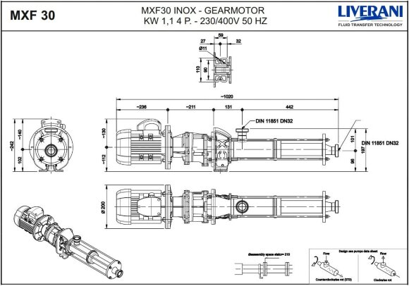 Bomba de tornillo de acero inoxidable para bombeo de líquidos alimentarios y químicos LIVERANI MXF30 TF 1.1 kW, 473 rpm, 380V, AISI 316 Bomba de tornillo de acero inoxidable para bombeo de líquidos alimentarios y químicos LIVERANI MXF30 TF 1.1 kW, 473 rpm, 380V, AISI 316