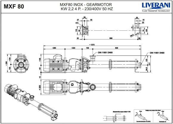 Bomba de tornillo de acero inoxidable para productos alimenticios LIVERANI MXF80 TF 2.2 kW, 287 rpm, 380V, AISI 316 Bomba de tornillo de acero inoxidable para productos alimenticios LIVERANI MXF80 TF 2.2 kW, 287 rpm, 380V, AISI 316