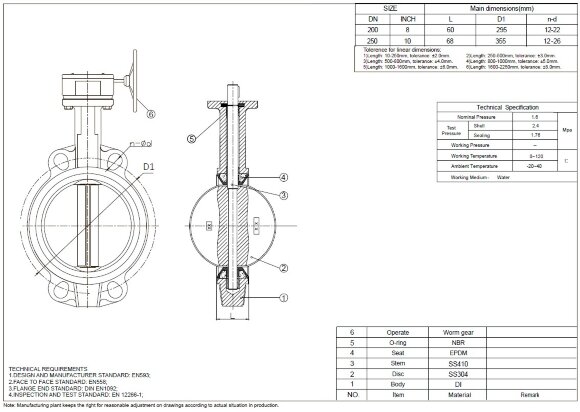 PN16 DN250 Засувка Батерфляй, чавунний корпус, диск AISI 304, Seat EPDM