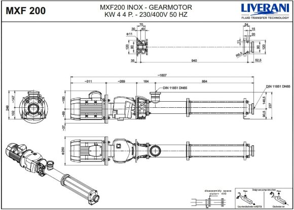 Bomba de tornillo de acero inoxidable para bombeo de líquidos con partículas sólidas en suspensión LIVERANI MXF200 TF 4 kW, 287 rpm, 380 V, AISI 316 Bomba de tornillo de acero inoxidable para bombeo de líquidos con partículas sólidas en suspensión LIVERANI MXF200 TF 4 kW, 287 rpm, 380 V, AISI 316