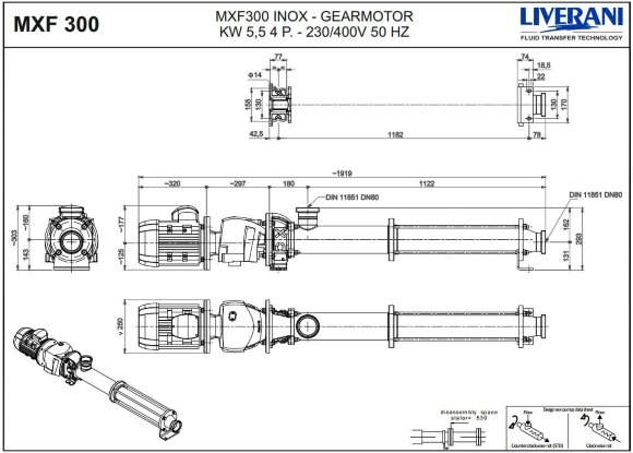 Pompa śrubowa ze stali nierdzewnej do jogurtów, śmietany, sosów, majonezu LIVERANI MXF300 TF 1,1 kW, 287 obr./min, 380 V, AISI 304 Pompa śrubowa ze stali nierdzewnej do jogurtów, śmietany, sosów, majonezu LIVERANI MXF300 TF 1,1 kW, 287 obr./min, 380 V, AISI 304