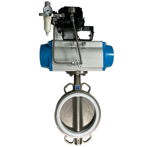 PN6 DN200 Задвижка Баттерфляй, корпус и диск AISI 304, PTFE с пневмоприводом Ex двойного действия, позиционер 4-20MA