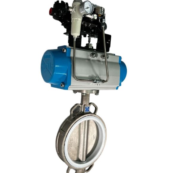 PN6 DN200 Задвижка Баттерфляй, корпус и диск AISI 304, PTFE с пневмоприводом Ex двойного действия, позиционер 4-20MA