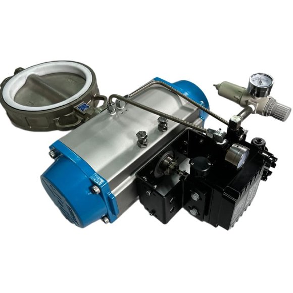 PN6 DN200 Задвижка Баттерфляй, корпус и диск AISI 304, PTFE с пневмоприводом Ex двойного действия, позиционер 4-20MA
