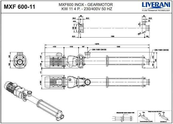 Bomba de tornillo de acero inoxidable para bombeo de líquidos viscosos y espesos con partículas sólidas LIVERANI MXF600 TF 11kW, 473rpm, 380V, AISI304 Bomba de tornillo de acero inoxidable para bombeo de líquidos viscosos y espesos con partículas sólidas LIVERANI MXF600 TF 11kW, 473rpm, 380V, AISI304