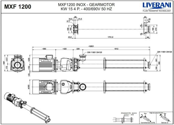 Bomba de tornillo de acero inoxidable para alimentar frutas y verduras troceadas LIVERANI MXF1200 TF 15 kW, 242 rpm, 380 V, AISI 304 Bomba de tornillo de acero inoxidable para alimentar frutas y verduras troceadas LIVERANI MXF1200 TF 15 kW, 242 rpm, 380 V, AISI 304