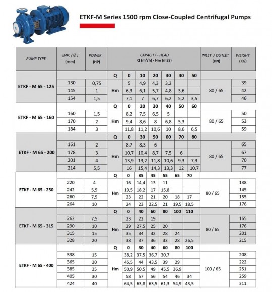 Umwälzpumpe zur Wasserversorgung ETKF-M 65-125, 0,75 kW, 1500 Umwälzpumpe zur Wasserversorgung ETKF-M 65-125, 0,75 kW, 1500