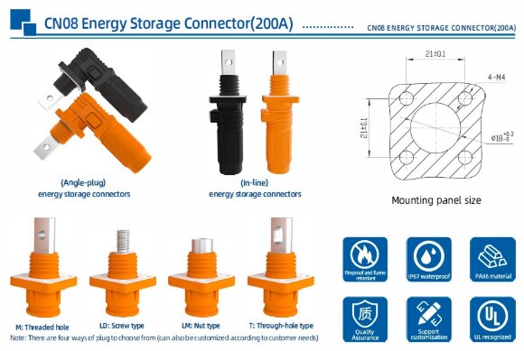 JC-CN08-S-03-M, 150A, prise de connecteur 1500V DC pour systèmes de stockage d'énergie, trou fileté, noir