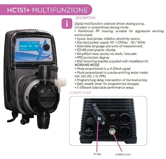 Мембранний соленоїдний насос-дозатор PDE HC151+ MULTIFUNCTION M60 240V PVDF-CE-VT, 1-10 л/год , 7-1 бар