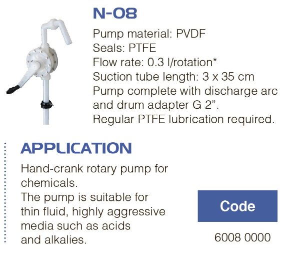 Pompe vide-fût manuelle FLUIMAC NEPTUNE N-08, PVDF, PTFE pour fluides très agressifs, acides, alcalins