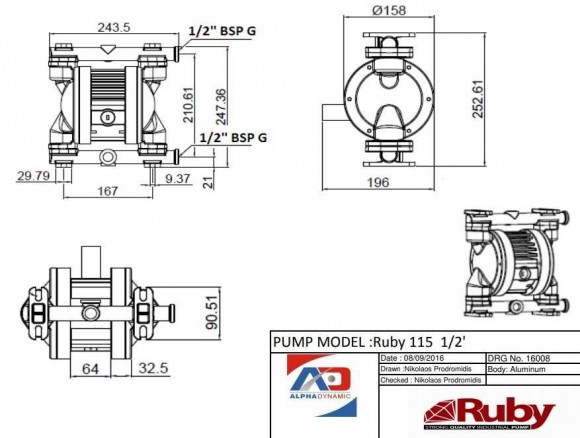 RUBY 115A-P-TAT-FT Pneumatische Membranpumpe RUBY 115A-P-TAT-FT Pneumatische Membranpumpe