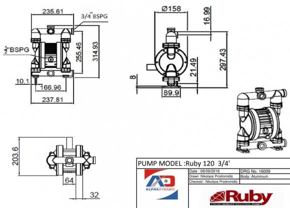 Pompe à membrane pneumatique RUBY 120A-P-TAT-T
