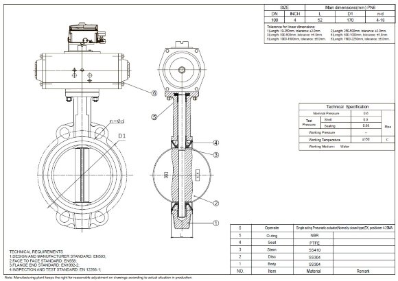 PN6 DN100 Válvula de mariposa wafer, cuerpo y disco AISI 304, PTFE, Simple efecto (con muelle) Actuador neumático Ex+posicionador 4-20MA