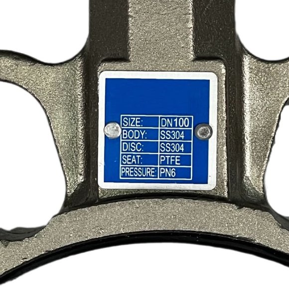 PN6 DN100 Válvula de mariposa wafer, cuerpo y disco AISI 304, PTFE, Simple efecto (con muelle) Actuador neumático Ex+posicionador 4-20MA