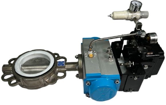 PN6 DN100 Válvula de mariposa wafer, cuerpo y disco AISI 304, PTFE, Simple efecto (con muelle) Actuador neumático Ex+posicionador 4-20MA