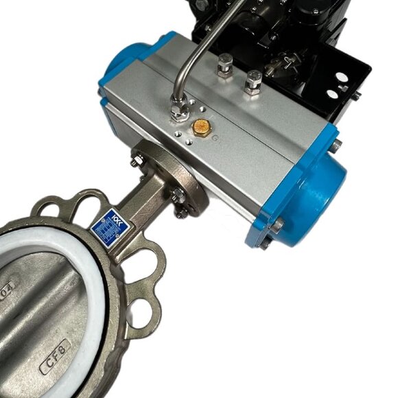 PN6 DN100 Válvula de mariposa wafer, cuerpo y disco AISI 304, PTFE, Simple efecto (con muelle) Actuador neumático Ex+posicionador 4-20MA