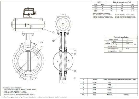 PN6 DN150 Zwischenflanschklappe, Gehäuse und Klappenscheibe AISI 304, PTFE, doppeltwirkend Pneumatischer Stellantrieb Ex+Stellungsregler 4-20MA PN6 DN150 Zwischenflanschklappe, Gehäuse und Klappenscheibe AISI 304, PTFE, doppeltwirkend Pneumatischer Stellantrieb Ex+Stellungsregler 4-20MA