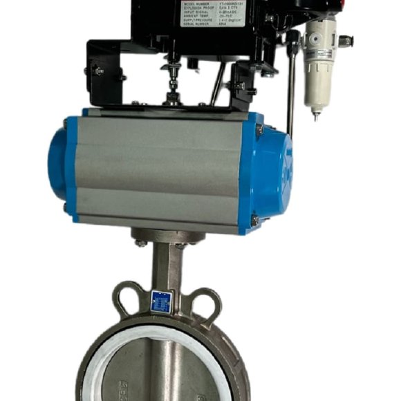 PN6 DN150 Zwischenflanschklappe, Gehäuse und Klappenscheibe AISI 304, PTFE, doppeltwirkend Pneumatischer Stellantrieb Ex+Stellungsregler 4-20MA PN6 DN150 Zwischenflanschklappe, Gehäuse und Klappenscheibe AISI 304, PTFE, doppeltwirkend Pneumatischer Stellantrieb Ex+Stellungsregler 4-20MA