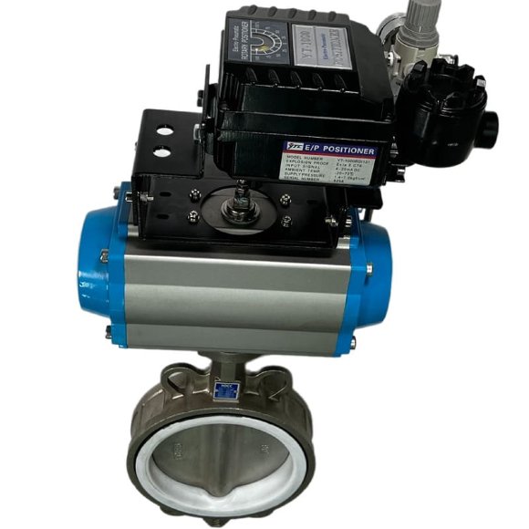 PN6 DN150 Zwischenflanschklappe, Gehäuse und Klappenscheibe AISI 304, PTFE, doppeltwirkend Pneumatischer Stellantrieb Ex+Stellungsregler 4-20MA PN6 DN150 Zwischenflanschklappe, Gehäuse und Klappenscheibe AISI 304, PTFE, doppeltwirkend Pneumatischer Stellantrieb Ex+Stellungsregler 4-20MA