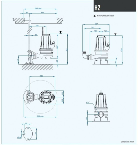 Канализационный погружной насос Dreno H2 HT 50/2/125 C.500 с двухканальным рабочим колесом