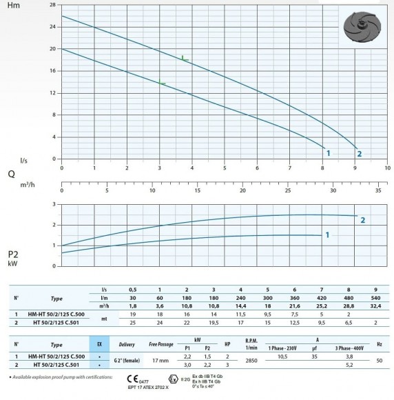 Канализационный погружной насос Dreno H2 HT-EX 50/2/125 C.500 с двухканальным рабочим колесом Канализационный погружной насос Dreno H2 HT-EX 50/2/125 C.500 с двухканальным рабочим колесом