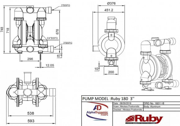 Pompe à membrane pneumatique RUBY 180A-P-TAT-T Pompe à membrane pneumatique RUBY 180A-P-TAT-T