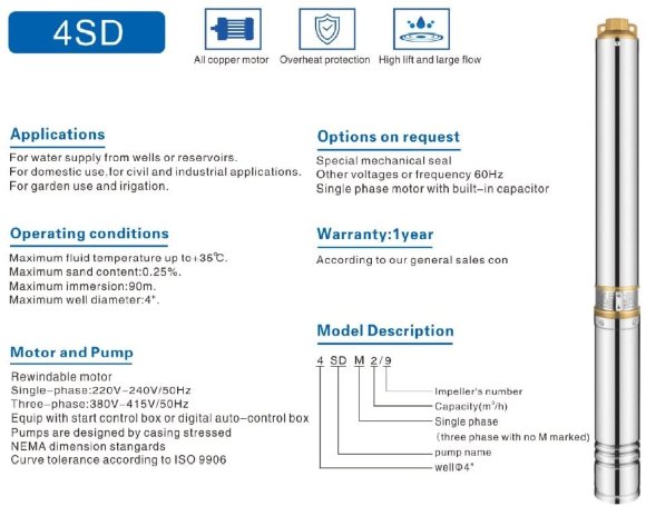 Глибинний насос для свердловин 4SDM6/21, 2,2kW, 220V