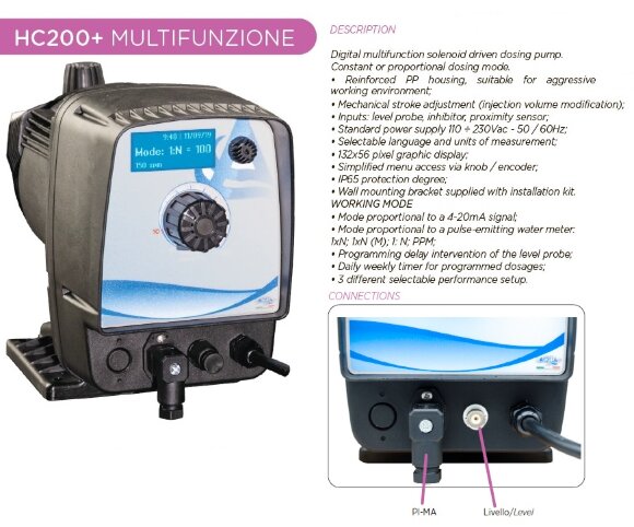 Dosing pump PDE HC200+ MULTIFUNCTION M70 240V PVDF-CE-VT + SP. SCHUKO, 1.8-14 l/h, 20-1 bar