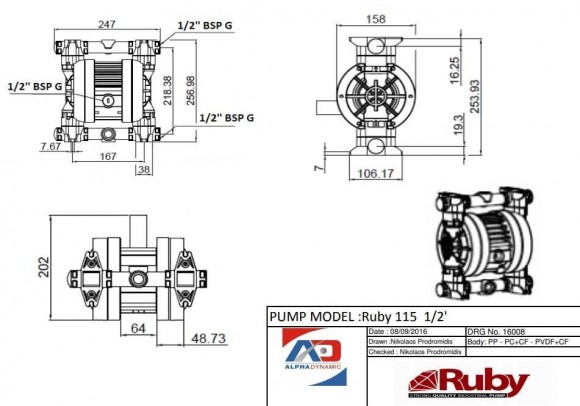 Pompe à membrane pneumatique RUBY 115V-P-TVT-T Pompe à membrane pneumatique RUBY 115V-P-TVT-T