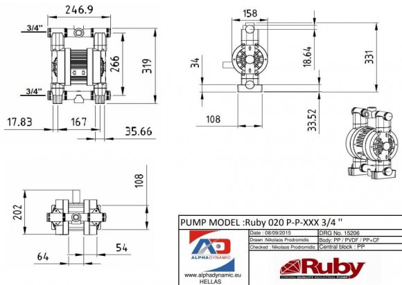 Bomba neumática de diafragma RUBY 020V-P-TVT-T Bomba neumática de diafragma RUBY 020V-P-TVT-T