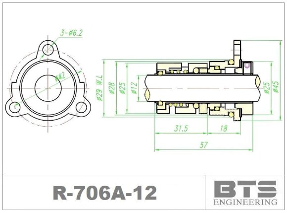 Торцевий ущільнювач валу насоса Grundfos картриджного типу R-706A 12, SIC/SIC, VITON, 304