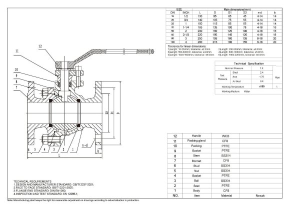 PN16 DN100 Stainless steel ball valve AISI 304, Seat PTFE