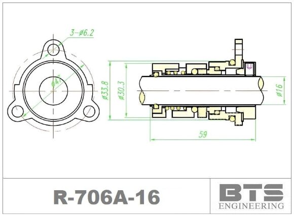 Sello mecánico para bomba de cartucho Grundfos R-706A 16, SIC/SIC, VITON, 304